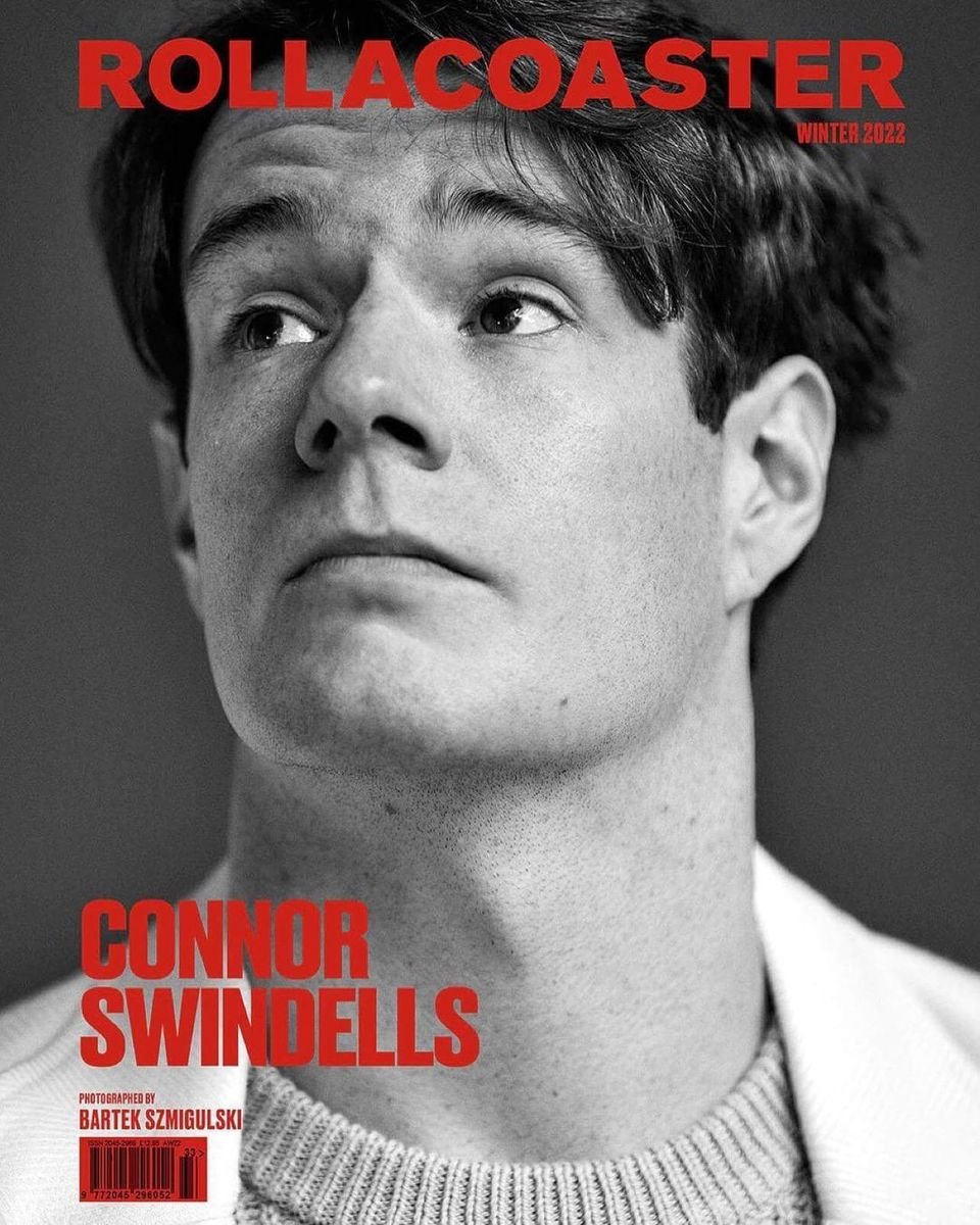 Black and white portrait of Connor Swindells on the cover of Rollacoaster