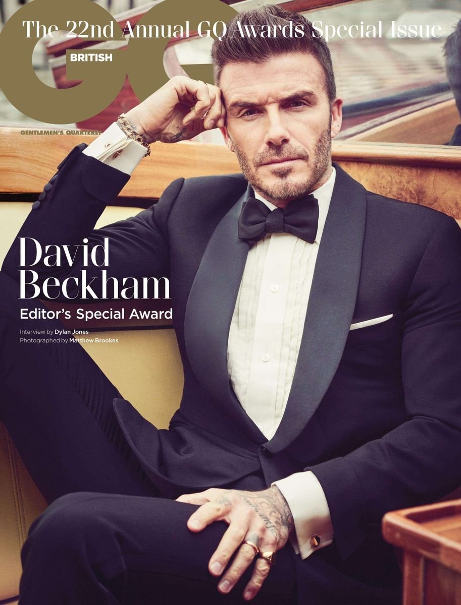 David Beckham in a black tuxedo on the cover of British GQ’s 22nd annual GQ Awards special issue