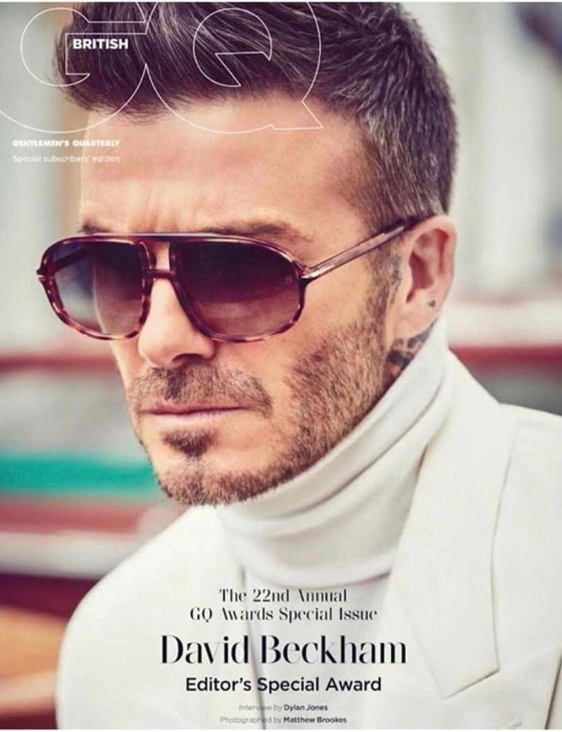 David Beckham in sunglasses and a white roll-neck on a British GQ Awards special issue cover