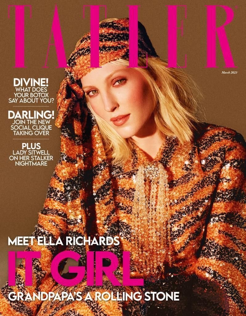 Ella Richards in a sequinned tiger-stripe outfit on the cover of Tatler