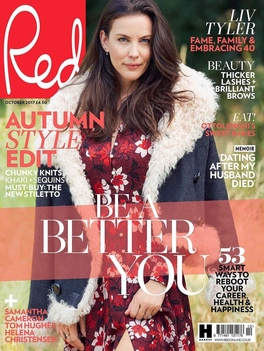 Liv Tyler in a floral dress and fur-trimmed coat on the October 2017 cover of Red magazine