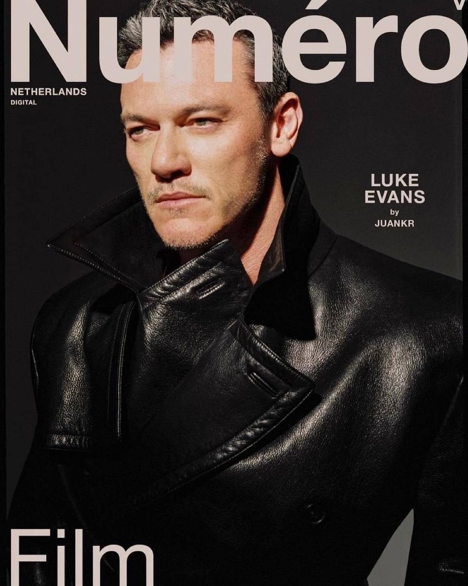 Luke Evans in a black leather coat on the cover of Numéro Netherlands